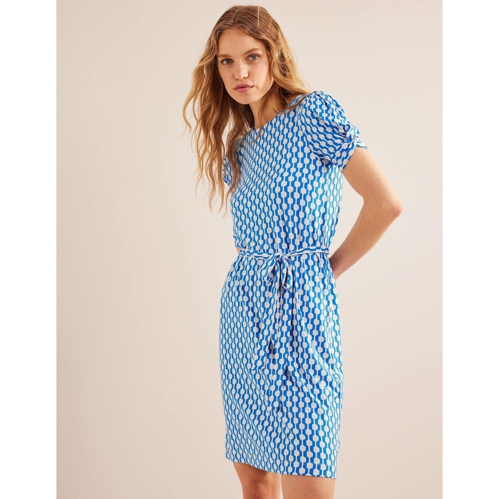 New Boden Knot Detail Jersey Mini Dress in Moroccan Blue, Geo Azure Size 12R